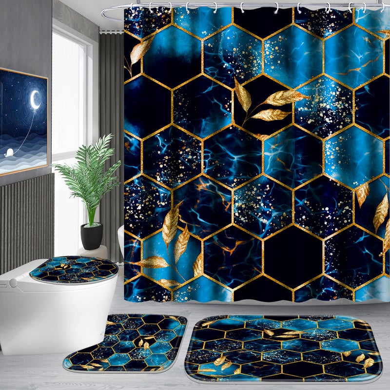 Poedist 4 Pcs Bathroom Shower Curtain Set Bathroom Sets with Rugs(Bath Mat U Shape and Toilet Lid Cover Mat) and 12 Hooks Sky Blue Honeycomb Marble - Image 1